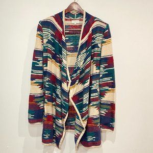 Lucky Brand Open Cardigan Aztec Print in Oatmeal, Red, Blue, Green & Yellow Sz M